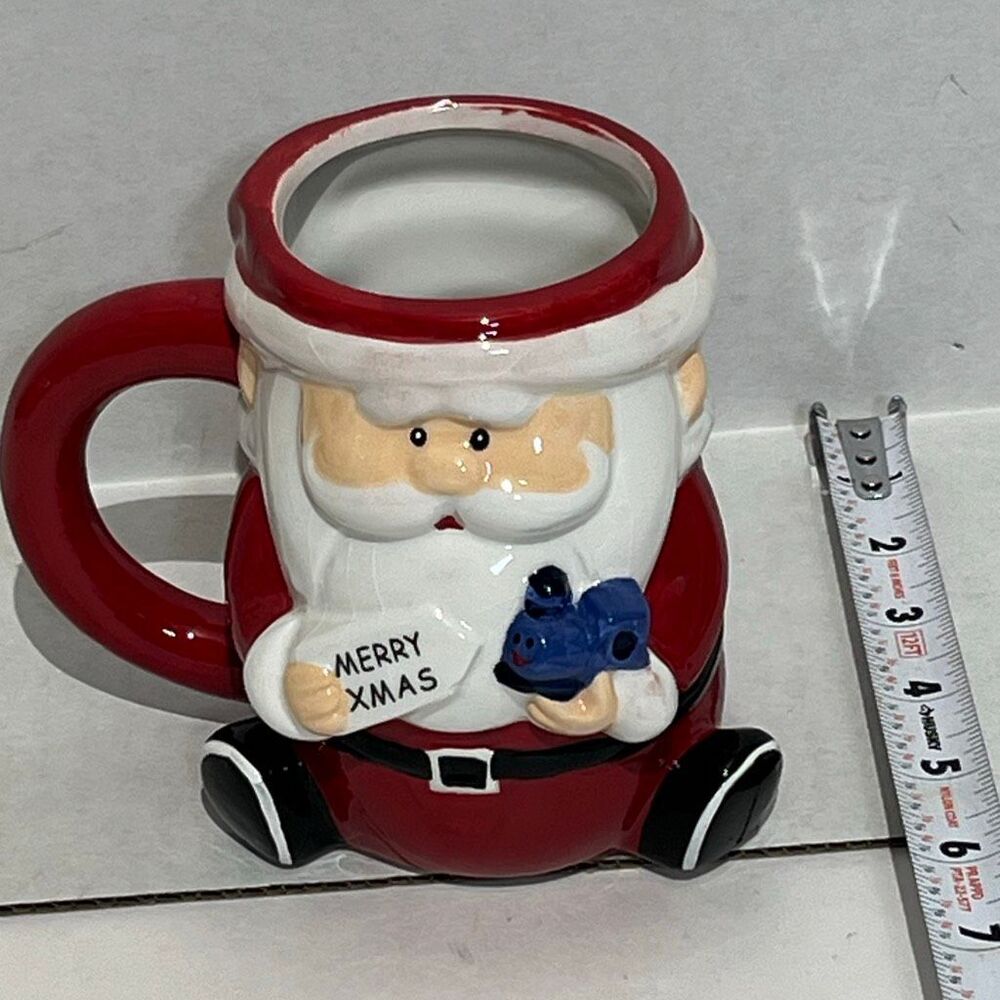 Rudolph Red-Nosed Reindeer Santa Claus Ceramic Mug Red White Christmas Toy Train